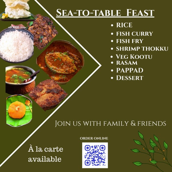 A collage of South Indian dishes including fish curry, fried fish, shrimp, rice, rasam, and dessert.