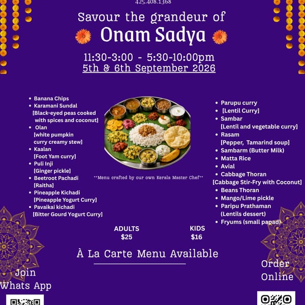 Purple Onam Sadya event poster featuring a banana-leaf feast platter, menu details, floral decorations, dates, prices, and QR codes.