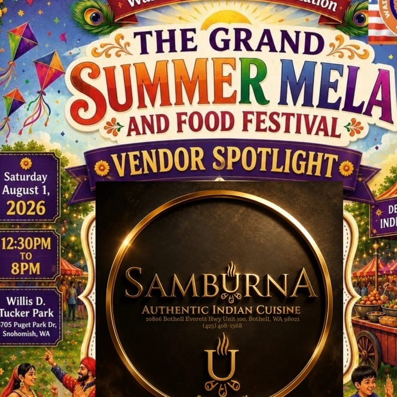 Flyer for The Grand Summer Mela and Food Festival, spotlighting Samburna Authentic Indian Cuisine.
