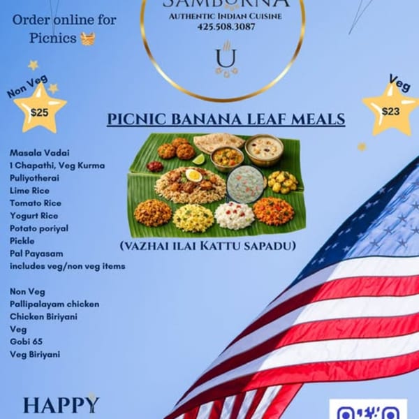 A menu for Samborna Authentic Indian Cuisine, featuring picnic banana leaf meals with various dishes.
