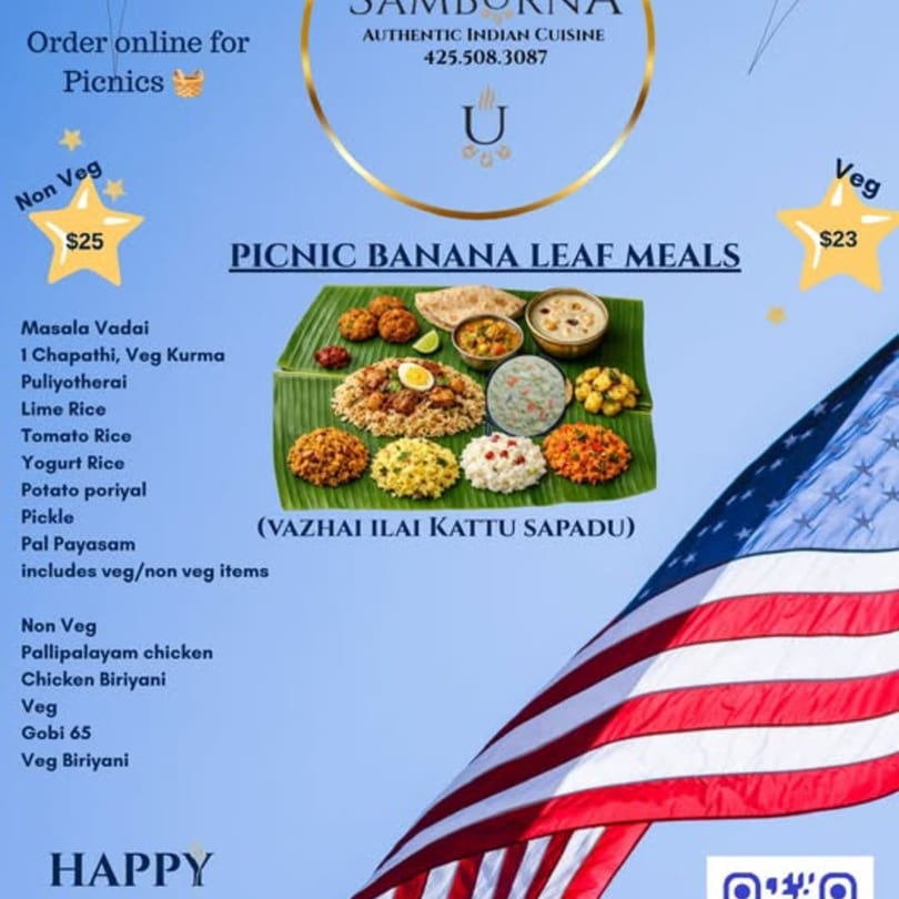 A menu for Samborna Authentic Indian Cuisine, featuring picnic banana leaf meals with various dishes.