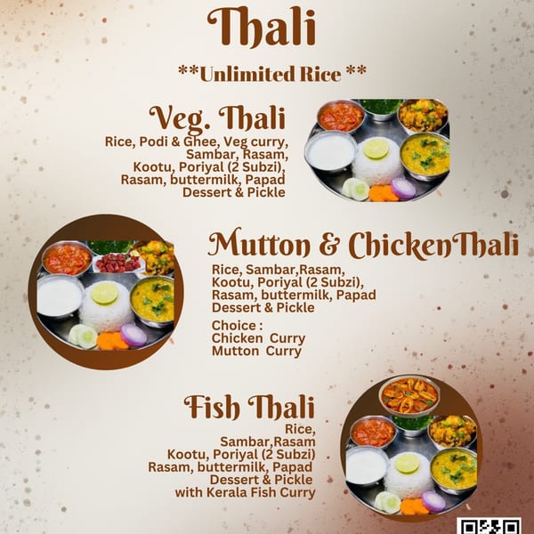 A menu displaying three Thali options: Veg, Mutton & Chicken, and Fish, each with accompanying dishes.