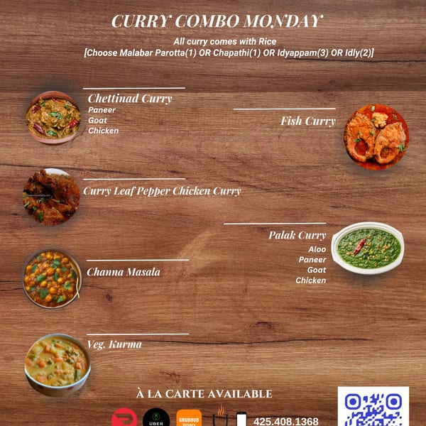 A Curry Combo Monday menu with various Indian curries like Chettinad, Fish, Palak, and Channa Masala.