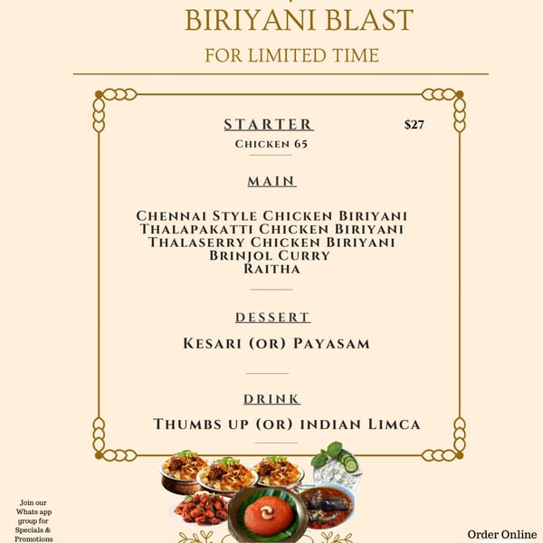 Limited-time biryani menu featuring chicken biryani, curry, raita, dessert, drinks, and photographs of Indian dishes.