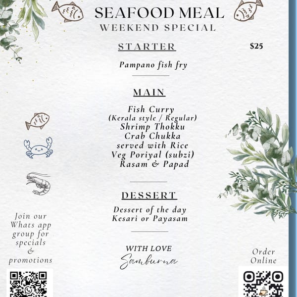 Seafood meal weekend special menu featuring Kerala-style fish curry, shrimp thokku, crab chukka, rice, vegetables, dessert, and illustrated seafood.