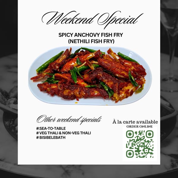 Poster featuring a plate of spicy anchovy fish fry garnished with green chilies and curry leaves, with weekend special details.